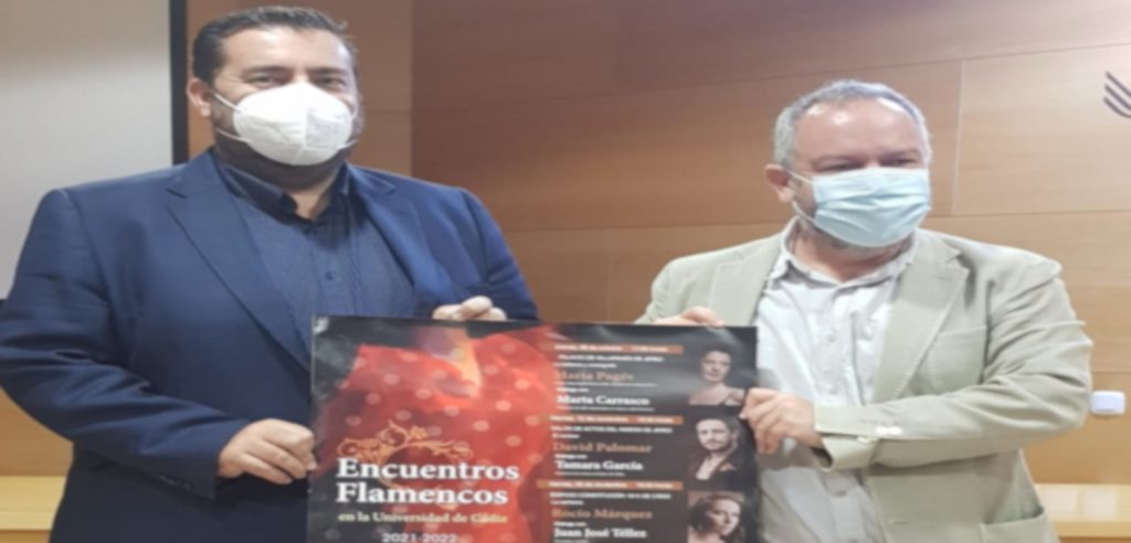 José María Pérez Monguió, vicerrector de Cultura de la UCA, y Jaime Armario, diputado del Área de Desarrollo de la Ciudadanía de la Diputación Provincial de Cádiz, presentan los Encuentros Flamencos en la Universidad de Cádiz 2021-2022