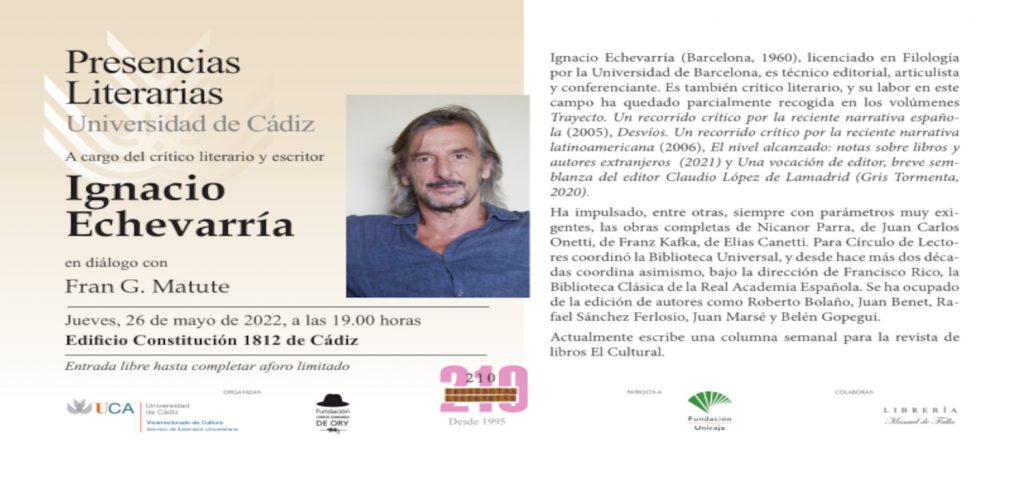 El escritor y crítico literario Ignacio Echevarría protagonizará la próxima cita en Presencias Literarias en la Universidad de Cádiz