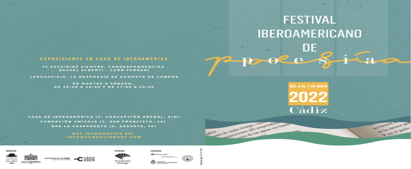 El Servicio de Extensión Universitaria del Vicerrectorado de Cultura de la UCA colabora con el Festival Iberoamericano de Poesía, organizado por la Fundación Carlos Edmundo de Ory y el Ayuntamiento de Cádiz