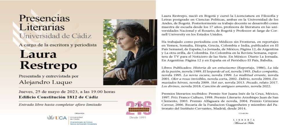 La escritora y periodista colombiana Laura Restrepo protagonizará el ciclo Presencias Literarias en la Universidad de Cádiz el 25 de mayo