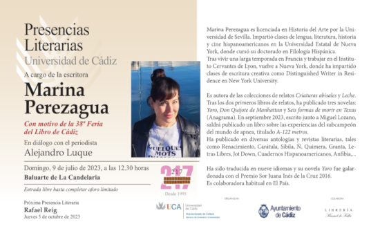 La escritora sevillana Marina Perezagua protagonizará el ciclo Presencias Literarias en la Universidad de Cádiz el 9 de julio, en el marco de la 38 Feria del Libro de Cádiz