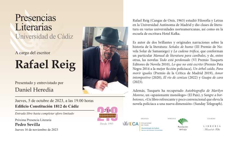 Las Presencias Literarias en la UCA regresan en octubre al campus de Cádiz de la mano del escritor Rafael Reig