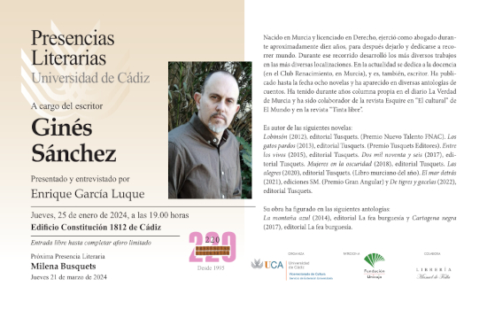 Ginés Sánchez, protagonista de la nueva cita del programa ‘Presencias Literarias en la Universidad de Cádiz’